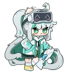 Rule 34 | 1girl, 1other, absurdres, ahoge, bandaid, bandaid on face, black skirt, blush, blowing bubbles, chewing gum, chibi, colored inner hair, epinel (nikke), full body, goddess of victory: nikke, green eyes, green hair, green jacket, head-mounted display, headpat, highres, hood, hood down, hoodie, hoverboard, jacket, kiwi forest, long hair, multicolored clothes, multicolored hair, multicolored jacket, pleated skirt, ponytail, skirt, socks, two-tone hair, white background, white hair, white hoodie, white jacket, white socks
