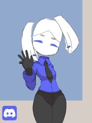 Rule 34 | 1girl, animated, animated gif, black gloves, black necktie, blue eyes, blue shirt, borrowed character, closed eyes, collared shirt, colored skin, commentary, crossed arms, discord, english commentary, gloves, hands on own cheeks, hands on own face, highres, long sleeves, looking at viewer, martin (tuxedopato), medium hair, necktie, no mouth, original, pants, shirt, shirt tucked in, smile, solo, spinning head, white skin
