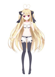 Rule 34 | 1girl, absurdres, ahoge, bad id, bad pixiv id, bare arms, bare shoulders, black ribbon, black thighhighs, blonde hair, bloomers, cat hair ornament, closed mouth, collarbone, fingernails, full body, hair ornament, hair ribbon, hand up, heart, heart ahoge, highres, light frown, long hair, navel, niliu chahui, no shoes, original, red eyes, ribbon, sidelocks, simple background, solo, standing, thighhighs, tokisaki asaba (niliu chahui), two side up, underwear, underwear only, very long hair, white background, white bloomers