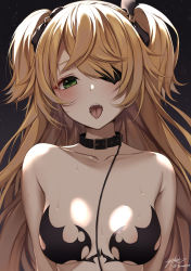 Rule 34 | 1girl, bare shoulders, black ribbon, blonde hair, breasts, breasts apart, buckle, cleavage, collar, collarbone, dark background, eyepatch, fischl (genshin impact), genshin impact, gradient background, green eyes, hair ribbon, highres, leash, long hair, looking at viewer, medium breasts, one eye covered, open mouth, ribbon, saliva, signature, solo, strapless, sweat, tongue, tongue out, twitter username, two side up, upper body, very long hair, yeooudam