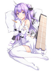 Rule 34 | 1girl, absurdres, azur lane, boots, collarbone, commentary request, detached sleeves, hugging doll, dress, eyes visible through hair, flight deck, full body, hair bun, hair ribbon, highres, long hair, looking at viewer, looking to the side, lying, machinery, neon (hhs9444), hugging object, on side, one side up, parted lips, pillow, purple eyes, purple hair, ribbon, side bun, sidelocks, simple background, single hair bun, single side bun, solo, stuffed animal, stuffed toy, stuffed winged unicorn, thigh boots, thighhighs, unicorn (azur lane), white background, white dress, white footwear, zettai ryouiki