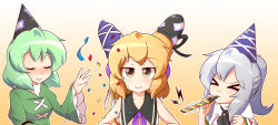 Rule 34 | &gt; &lt;, 3girls, blonde hair, blush, clenched hand, collarbone, commentary, confetti, dress, earmuffs, english commentary, closed eyes, green hair, hand up, hat, headwear switch, highres, looking at viewer, mononobe no futo, multiple girls, orange background, party hat, party horn, pom pom (clothes), ponytail, ribbon, shirt, silver hair, simple background, sleeveless, sleeveless shirt, smile, soga no tojiko, sweatdrop, tate eboshi, touhou, toyosatomimi no miko, upper body, wool (miwol), yellow eyes