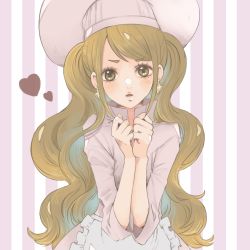 Rule 34 | 1girl, brown eyes, brown hair, charlotte pudding, chef, chef hat, earrings, hat, heart, hidden eyes, hiyo (1571624), jewelry, long hair, one piece, solo, striped, striped background, twintails, very long hair, wavy hair