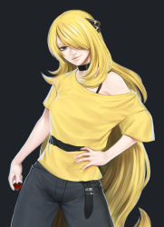 Rule 34 | 1girl, alternate costume, bare shoulders, belt, black background, black pants, brown eyes, choker, closed mouth, cowboy shot, creatures (company), cynthia (pokemon), game freak, hair over one eye, hand on own hip, head tilt, highres, holding, holding poke ball, jiffic, long hair, looking at viewer, nintendo, off shoulder, pants, poke ball, poke ball (basic), pokemon, pokemon dppt, shirt, short sleeves, single stripe, smirk, solo, standing, striped clothes, striped shirt, very long hair, yellow shirt