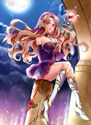 Rule 34 | 1girl, :d, armor, boots, brown hair, collarbone, detached sleeves, dress, floating hair, full body, highres, holding, holding staff, knee boots, kurabayashi, long hair, looking at viewer, moon, night, open mouth, original, outdoors, purple dress, purple eyes, short dress, sitting, sleeveless, sleeveless dress, smile, solo, sparkle, staff, strapless, strapless dress, very long hair, white footwear