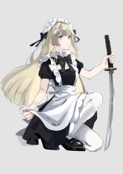 Rule 34 | 1girl, apron, black bow, black bowtie, black dress, black footwear, blonde hair, blue eyes, bow, bowtie, breasts, cleavage, cleavage cutout, closed mouth, clothing cutout, commentary, dress, full body, gawako, grey background, highres, holding, holding sword, holding weapon, katana, kneeling, long hair, maid, maid apron, maid headdress, on one knee, original, pantyhose, puffy short sleeves, puffy sleeves, shoes, short sleeves, simple background, solo, sword, symbol-only commentary, weapon, white apron, white pantyhose