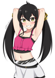 Rule 34 | 1girl, absurdres, ahoge, armpits, arms up, bare arms, bare shoulders, black hair, blush, clenched teeth, collarbone, crop top, eyelashes, female focus, flat chest, grin, gyaru, hair between eyes, hair ornament, highres, idolmaster, idolmaster cinderella girls, idolmaster cinderella girls u149, long hair, long twintails, looking at viewer, matoba risa, mesugaki, midriff, miniskirt, namco, navel, neck, parted lips, shiny skin, sidelocks, signature, simple background, skirt, smile, standing, stretching, teeth, twintails, upper body, very long hair, white background, white skirt, yellow eyes, zedxxx