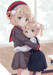 Rule 34 | 2girls, absurdres, age difference, bandaid on thigh, belt, black belt, black shirt, blonde hair, blue dress, blush, chestnut mouth, child, commentary request, day, dot nose, dress, dual persona, green eyes, hair ornament, hat, height difference, highres, hug, indie virtual youtuber, indoors, long sleeves, looking at viewer, medium hair, multiple girls, pleated skirt, pom pom (clothes), pom pom hair ornament, red hat, red sailor collar, sailor collar, school uniform, shigure ui (vtuber), shigure ui (vtuber) (1st costume), shigure ui (vtuber) (young), shirt, sidelocks, skirt, striped clothes, striped shirt, striped skirt, thighs, tomatomozuku, twintails, vertical-striped clothes, vertical-striped shirt, vertical-striped skirt, virtual youtuber, white shirt, window