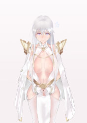 Rule 34 | 1girl, absurdres, alternate color, azur lane, breasts, center opening, cleavage, dress, elbow gloves, enterprise (azur lane), enterprise (heroic finery) (azur lane), evening gown, feather hair ornament, feathers, fingerless gloves, flying sweatdrops, gloves, hair ornament, highres, jackliu, large breasts, long dress, long hair, looking at viewer, midriff, navel, pelvic curtain, purple eyes, side slit, silver hair, sleeveless, solo, very long hair