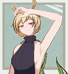 Rule 34 | 1girl, antlers, arm up, armpits, bare shoulders, blonde hair, dragon girl, dragon horns, dragon tail, highres, horns, kicchou yachie, looking at viewer, no leg radish, red eyes, short hair, smile, tail, touhou, turtle shell, yellow horns