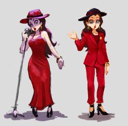 Rule 34 | 1girl, alternate costume, artist request, blue eyes, bracelet, brown hair, coat, concept art, donkey kong (series), dress, earrings, formal, full body, gold, grey background, hat, heels, highres, jewelry, lipstick, long hair, makeup, mario (series), microphone, nintendo, official alternate costume, official art, pants, pauline (mario), red dress, red hat, red suit, shoes, sketch, suit, super mario odyssey