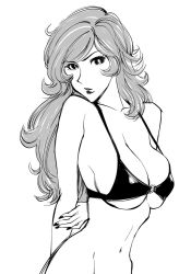 Rule 34 | 1girl, breasts, cleavage, greyscale, large breasts, lips, long hair, looking at viewer, lupin iii, mine fujiko, monochrome, simple background, solo, swimsuit, ueyama michirou, white background