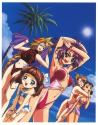Rule 34 | 1990s (style), 5girls, :d, absurdres, age difference, angel links, animal print, anne rapan, armpits, arms around neck, arms up, bandeau, beach towel, beads, bent over, bikini, bikini skirt, black hair, blue eyes, bob cut, bracelet, braid, breasts, brown hair, casual one-piece swimsuit, center opening, character request, child, choker, cloud, coconut, covering face, covering own mouth, covering privates, day, double bun, dutch angle, earrings, elizabeth aihara chang, flat chest, flower, hair bobbles, hair bun, hair flower, hair ornament, hair ribbon, hand over own mouth, highleg, highleg bikini, highleg swimsuit, highres, holding, hug, hug from behind, jewelry, large breasts, leaning forward, li meifon, lipstick, long hair, makeup, mature female, multicolored hair, multiple girls, navel, nishida asako, o-ring, o-ring swimsuit, o-ring top, ocean, official art, one-piece swimsuit, one eye closed, open mouth, outdoors, palm tree, purple eyes, purple hair, red eyes, red hair, retro artstyle, ribbon, sarong, scan, short hair, single braid, sky, smile, standing, strapless, strapless one-piece swimsuit, string bikini, sun, swept bangs, swimsuit, tankini, tiger print, towel, tree, two-tone hair, unworn sarong, valeria vertone, very long hair, water, wristband
