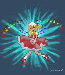Rule 34 | 1girl, adapted costume, alternate wings, blue background, bow, bowtie, commentary, english commentary, fangs, flandre scarlet, frilled sleeves, frills, full body, hair between eyes, hat, hat ribbon, head tilt, highres, looking at viewer, mary janes, medium hair, medium skirt, mikware, mob cap, one side up, open mouth, own hands together, puffy short sleeves, puffy sleeves, rainbow order, red eyes, red footwear, red ribbon, red skirt, red vest, ribbon, ribbon-trimmed headwear, ribbon trim, shirt, shoes, short sleeves, simple background, skirt, socks, solo, teeth, touhou, vest, white hat, white shirt, white socks, wings, wrist cuffs, yellow bow, yellow bowtie