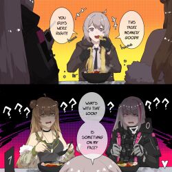 Rule 34 | 2koma, 3girls, ?, absurdres, ahoge, ai drawing anime characters eating ramen (meme), artist logo, black choker, black gloves, black jacket, black necktie, bowl, breasts, brown hair, brown jacket, camouflage, camouflage jacket, choker, chopsticks, cleavage, collared shirt, comic, commentary, confused, double bun, english commentary, english text, artistic error, food, fur-trimmed jacket, fur trim, girls&#039; frontline, gloves, green eyes, grey gloves, grey hair, hair between eyes, hair bun, highres, holding, holding chopsticks, holding food, holding spoon, hood, hooded jacket, jacket, jewelry, long hair, long sleeves, m200 (girls&#039; frontline), mdr (girls&#039; frontline), medium breasts, meme, multicolored hair, multiple girls, necklace, necktie, no headwear, noodles, off shoulder, open clothes, open jacket, open mouth, pink eyes, purple eyes, ramen, rfb (girls&#039; frontline), shaded face, shirt, smile, speech bubble, spoon, streaked hair, teeth, upper body, upper teeth only, variasii, white shirt