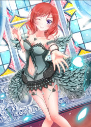 Rule 34 | 1girl, ;), armband, bare shoulders, blush, bracelet, breasts, cleavage, clothing cutout, feathered wings, feathers, heart, highres, jewelry, looking at viewer, love live!, love live! school idol festival, love live! school idol project, medium breasts, medium hair, minamixdrops, nail polish, navel, navel cutout, nishikino maki, one eye closed, outstretched hand, petals, pink nails, purple eyes, red hair, showgirl skirt, smile, solo, sparkle, stained glass, thighs, wings