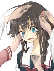 Rule 34 | 10s, 5girls, ahoge, black serafuku, blue eyes, botsuo (sesusama), braid, brown hair, commentary request, crying, crying with eyes open, detached sleeves, eyelashes, fusou (kancolle), ghost, hair flaps, hair ornament, hair ribbon, hand on another&#039;s face, hand on another&#039;s head, highres, kantai collection, long hair, michishio (kancolle), mogami (kancolle), multiple girls, ribbon, school uniform, serafuku, shigure (kancolle), single braid, tears, wavy mouth, yamashiro (kancolle)