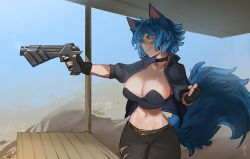 Rule 34 | 1girl, animal ears, belt, black choker, black gloves, black jacket, black pants, blue eyes, blue hair, breasts, choker, clenched hand, collarbone, commentary, commission, english commentary, fingerless gloves, from side, gloves, groin, gun, handgun, holding, holding gun, holding weapon, jacket, kyo ashryver, large breasts, less, looking away, midriff, navel, original, pants, profile, short hair, smile, solo, tail, weapon
