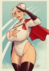 Rule 34 | 1girl, absurdres, breasts, cleavage, cleavage cutout, clothing cutout, cloud, devilhs, female focus, hat, highres, huge breasts, legs, leotard, looking at viewer, outdoors, power girl, sky, solo, standing, star cutout, thick thighs, thighhighs, thighs, wide hips