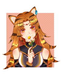 Rule 34 | 1girl, animal ears, animal print, blush, border, breasts, commentary, covered mouth, detached sleeves, english commentary, eyebrows hidden by hair, eyeshadow, flower, forehead jewel, highres, holding, holding flower, long hair, makeup, medium breasts, nara haramaung, nijisanji, nijisanji id, parted hair, red eyeshadow, renpaichoo, signature, solo, tiger ears, tiger girl, tiger print, virtual youtuber, white border, white flower