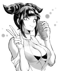 Rule 34 | 1girl, bare shoulders, bikini, bikini top only, blunt bangs, breasts, bubble tea, casual, cleavage, cup, detached sleeves, disposable cup, drink, eyelashes, greyscale, halterneck, han juri, looking at viewer, marimo (yousei ranbu), medium breasts, monochrome, o-ring, o-ring bikini, plunging neckline, short hair, smile, solo, street fighter, street fighter iv (series), swimsuit, turtleneck, underboob, v