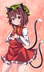 Rule 34 | 1girl, :o, animal ear piercing, animal ears, blush, brown eyes, brown hair, cat ears, cat tail, chen, commentary request, contrapposto, cowboy shot, earrings, frills, furagu, green hat, hair between eyes, hat, highres, jewelry, long sleeves, looking at viewer, mob cap, multiple tails, nekomata, parted lips, petite, petticoat, pink background, red skirt, red vest, short hair, simple background, single earring, skirt, skirt set, solo, tail, touhou, two tails, vest
