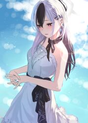 Rule 34 | 1girl, absurdres, alternate costume, bare arms, bare shoulders, black hair, blue archive, blurry, blush, bokeh, breasts, depth of field, dress, earrings, glint, hair ornament, hairclip, halo, highres, horns, jewelry, kayoko (blue archive), kuro shiraga, long hair, looking down, open mouth, ponytail, red eyes, ring, small breasts, solo, strapless, strapless dress, upper body, wedding dress, wedding ring, white dress, white hair