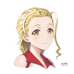 Rule 34 | 10s, 1girl, artist name, brown eyes, closed mouth, dated, girls und panzer, hair pulled back, hairband, long hair, looking at viewer, portrait, red shirt, sasaki akebi, shamakho, shirt, signature, simple background, sleeveless, sleeveless shirt, smile, solo, sportswear, volleyball uniform, white background, white hairband
