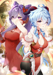 Rule 34 | 2girls, :o, absurdres, ahoge, alternate costume, arm up, armpits, bell, black pantyhose, blue hair, bow, braid, breasts, christmas, cleavage, closed mouth, commentary, cone hair bun, double bun, dress, fur trim, ganyu (genshin impact), genshin impact, gloves, goat horns, hair bow, hair bun, highres, holding, holding bell, horns, keqing (genshin impact), kkopoli, lace, lace gloves, long hair, looking at viewer, medium breasts, multiple girls, pantyhose, ponytail, purple eyes, purple hair, red bow, red dress, red gloves, ringlets, sidelocks, sleeveless, sleeveless dress, twintails