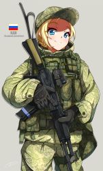 Rule 34 | 1girl, ak-74m, assault rifle, blonde hair, blue eyes, braid, bulletproof vest, camouflage, commentary request, copyright request, cowboy shot, cyrillic, green hat, green jacket, green pants, grey background, gun, hat, holding, holding gun, holding weapon, jacket, kalashnikov rifle, long sleeves, looking at viewer, military, pants, peaked cap, pouch, rifle, russian flag, sayossa (pak-front), scope, short hair, simple background, smile, solo, standing, translation request, trigger discipline, unmoving pattern, vest, weapon