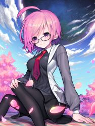 Rule 34 | 1girl, ahoge, black-framed eyewear, black pantyhose, black skirt, cherry blossoms, closed mouth, cloud, cropped legs, day, fate/grand order, fate (series), glasses, hand on own knee, highres, jacket, kyundoo, light purple hair, looking at viewer, mash kyrielight, necktie, outdoors, pantyhose, purple eyes, red necktie, short hair, sitting, skirt, sky, smile, solo, tree