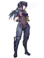 Rule 34 | 1girl, abs, belt, black hair, black tube top, boots, breasts, cigarette, dairoku ryouhei, dog tags, fingerless gloves, full body, gloves, green eyes, grey footwear, grey jacket, grey pants, hetza (hellshock), holding, holding cigarette, jacket, knife, large breasts, long hair, looking at viewer, open clothes, open jacket, open mouth, pants, ponytail, red gloves, sheath, sheathed, sidelocks, skin tight, sleeves rolled up, smoking, solo, standing, strapless, transparent background, tube top