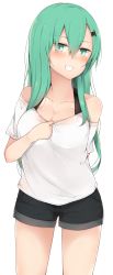 Rule 34 | 10s, 1girl, :d, bare shoulders, black shorts, blush, breasts, casual, cleavage, cole (coleltu), collarbone, cowboy shot, green eyes, green hair, grin, hair between eyes, hair ornament, hairclip, head tilt, highres, kantai collection, long hair, looking at viewer, matching hair/eyes, off-shoulder shirt, off shoulder, open mouth, pocket, shirt, shirt tug, shorts, simple background, smile, solo, standing, suzuya (kancolle), teeth, white background, white shirt