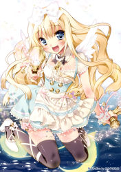 Rule 34 | 1girl, :d, absurdres, angel wings, ankle lace-up, bell, black thighhighs, blonde hair, blue eyes, blush, body blush, bow, cross-laced footwear, hair bow, highres, jewelry, kamiya maneki, long hair, looking at viewer, necklace, open mouth, pearl necklace, skirt, smile, solo, thighhighs, water, wings