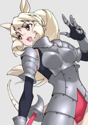 Rule 34 | 1girl, absurdres, animal ears, armor, black gloves, blonde hair, boobplate, breastplate, breasts, brown eyes, commentary, elbow gloves, faulds, gauntlets, gloves, gorget, grey background, highres, kemono friends, large breasts, leotard, long hair, longhorn lance, looking away, looking to the side, open mouth, ponytail, red leotard, rhinoceros ears, rhinoceros girl, shoulder armor, side ponytail, sidelocks, simple background, solo, tail, tanabe (fueisei), teeth, upper teeth only, weapon, white rhinoceros (kemono friends)