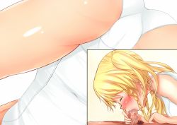 Rule 34 | 1girl, blonde hair, blush, breasts, drill hair, covered erect nipples, closed eyes, fellatio, hetero, long hair, male pubic hair, narumi remon, one-piece swimsuit, oral, original, penis, profile, pubic hair, small breasts, sukesan, swimsuit, uncensored