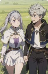 Rule 34 | 1boy, 1girl, asta (black clover), black clover, couple, happy, holding hands, looking at another, noelle silva, twintails