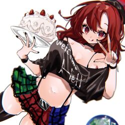 Rule 34 | 1girl, ayahi 4, black nails, black shirt, black thighhighs, breasts, cake, choker, clothes writing, dutch angle, earth (ornament), food, hecatia lapislazuli, highres, holding, holding cake, holding food, looking at viewer, midriff peek, multicolored clothes, multicolored skirt, plaid, plaid skirt, red eyes, red hair, shirt, simple background, skirt, smile, solo, thighhighs, tongue, tongue out, touhou, underworld (ornament), v, white background