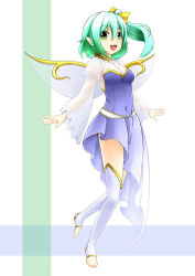 Rule 34 | 1girl, asymmetrical clothes, barefoot, blue dress, bow, breasts, cleavage, daiyousei, dress, green eyes, green hair, hair bow, inyuppo, navel, pointy ears, see-through, solo, thighhighs, toeless legwear, toes, touhou, wings
