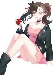 Rule 34 | 1girl, absurdres, aqua eyes, ass, asymmetrical bangs, asymmetrical hair, bare shoulders, black hair, black jacket, black nails, blush, breasts, choker, collarbone, commentary, creatures (company), dress, earrings, game freak, hair ribbon, highres, holding, holding poke ball, jacket, jewelry, long hair, long sleeves, looking at viewer, marnie (pokemon), medium breasts, nail polish, nintendo, off-shoulder jacket, off shoulder, open clothes, pink dress, poke ball, poke ball (basic), pokemon, pokemon swsh, ranchan12, red ribbon, ribbon, simple background, sitting, solo, twintails, white background