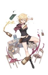Rule 34 | 1girl, alcohol, barrel, beer, bird, blonde hair, bottle, brass knuckles, bread, broken bottle, chair, chicken, dizzy durand, food, fork, full body, highres, knife, looking at viewer, official art, open fly, princess principal, princess principal game of mission, punching, ribbed shirt, shirt, short hair, shorts, simple background, solo, soup, spoon, standing, table, transparent background, weapon, wine bottle