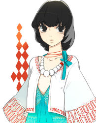 Rule 34 | 1girl, black hair, blue dress, choker, collarbone, dress, flat chest, jacket, jewelry, lips, necklace, original, ribbon, ribbon choker, short hair, simple background, solo, wada arco, white background, wide sleeves