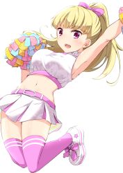 Rule 34 | 1girl, blonde hair, blush, bouncing breasts, breasts, cheerleader, jumping, kichihachi, long hair, looking at viewer, midriff, navel, open mouth, ponytail, solo, thighhighs, tokyo 7th sisters, uesugi u. kyouko