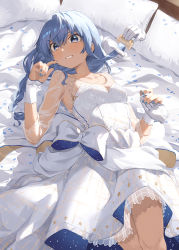 Rule 34 | 1girl, bed sheet, blue eyes, blue hair, blue nails, blush, bow, braid, breasts, brushing hair, cleavage, collarbone, comb, commentary request, disembodied hand, dress, feet out of frame, gloves, holding hands, hololive, hoshimachi suisei, jewelry, long hair, long sleeves, looking at viewer, lying, nail polish, necklace, on back, on bed, parted lips, petals, pillow, see-through, single braid, small breasts, smile, star (symbol), tsukino (nakajimaseiki), virtual youtuber, wedding dress, white bow, white dress, white gloves