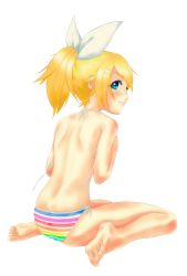 Rule 34 | 1girl, absurdres, barefoot, bikini, blonde hair, blue eyes, blush, feet, hair ornament, hairclip, highres, kagamine rin, long hair, looking at viewer, ponytail, soles, swimsuit, toes, transparent background, untied bikini, vocaloid