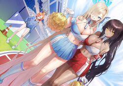 Rule 34 | 3girls, absurdly long hair, absurdres, ahoge, armband, asuna (blue archive), asymmetrical bangs, bare shoulders, black hair, blonde hair, blue archive, blue eyes, blue skirt, blush, braid, breast press, breasts, character name, cheerleader, cleavage, commentary, cosplay, crop top, dark-skinned female, dark skin, detached collar, gloves, grin, hair over one eye, halo, halterneck, highres, holding, holding pom poms, jacket, karin (blue archive), kneehighs, large breasts, light brown hair, long hair, looking at viewer, midriff, millennium cheerleader outfit (blue archive), miniskirt, mole, mole on breast, mole under eye, multiple girls, navel, neru (blue archive), official alternate costume, orange hair, outdoors, partially fingerless gloves, pleated skirt, pom pom (cheerleading), pom poms, ponytail, red skirt, sbgu, shirt, shoes, single braid, skirt, sleeveless, sleeveless shirt, smile, sneakers, socks, spaghetti strap, standing, stomach, sweat, swept bangs, symbol-only commentary, symmetrical docking, thighs, two-tone shirt, very long hair, white shirt, white socks, yellow eyes