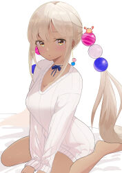 Rule 34 | 1girl, absurdres, arms between legs, barefoot, blonde hair, blue ribbon, breasts, cleavage, dark-skinned female, dark skin, deozt, earrings, hair between eyes, hair bobbles, hair ornament, highres, hololive, hololive english, jewelry, large breasts, light blush, long hair, long sleeves, looking at viewer, naked sweater, neck ribbon, no pants, parted lips, ribbed sweater, ribbon, sidelocks, sitting, solo, sweater, tsukumo sana, twintails, v arms, very long hair, virtual youtuber, wariza, white sweater, yellow eyes