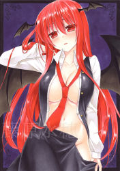 Rule 34 | 1girl, black skirt, black wings, blush, breasts, collarbone, collared shirt, covered erect nipples, dress shirt, fujiwara minaho, hair between eyes, head wings, koakuma, large breasts, long hair, looking at viewer, marker (medium), navel, necktie, no panties, open clothes, open shirt, open skirt, parted lips, purple background, red eyes, red hair, red necktie, shirt, skirt, solo, standing, touhou, traditional media, unbuttoned, unbuttoned shirt, very long hair, white shirt, wing collar, wings