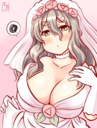 Rule 34 | 1girl, blush, breasts, bridal veil, bride, brown eyes, cleavage, dress, drunk, grey hair, hand on own chest, kanon (kurogane knights), kantai collection, large breasts, long hair, one-hour drawing challenge, open mouth, pola (kancolle), solo, strapless, strapless dress, upper body, veil, wavy hair, wedding dress, white dress