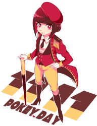 Rule 34 | 1girl, absurdres, bad id, bad pixiv id, beret, black footwear, bob cut, boots, coat, dated, diamond-shaped pupils, diamond (shape), epaulettes, food, from above, full body, gloves, hand on own hip, hat, high heel boots, high heels, highres, kisaragi yuu (fallen sky), knee boots, mole, mole under eye, mole under mouth, original, oversized object, pocky, pocky day, red eyes, red hair, solo, standing, symbol-shaped pupils, white gloves